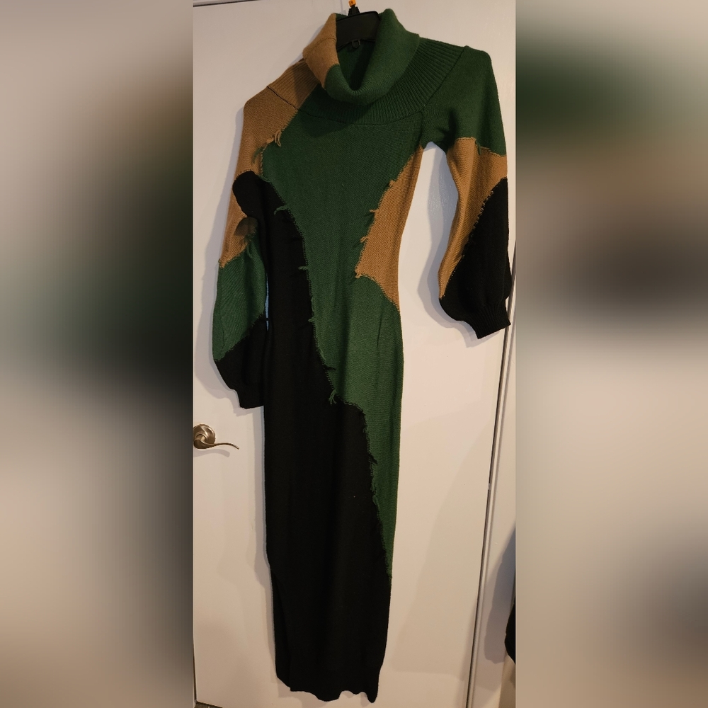 Elegant Green and Black Patchwork Dress